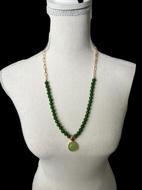Natural Stone with Jade Pendant Necklace with Gold Chain- Handmade